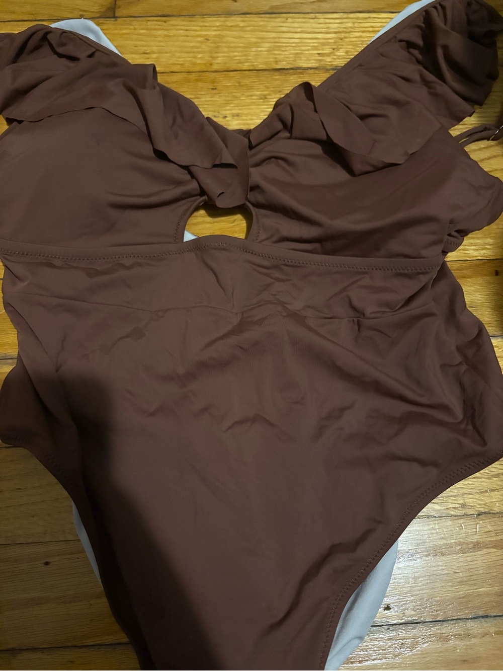 Brown One-Piece Ruffle Shoulder Swimsuit from Amazon